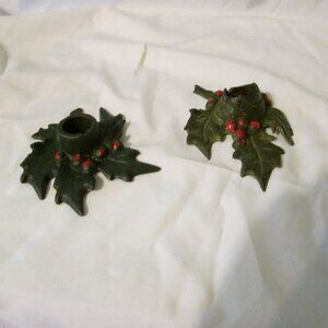 2 Vintage  Christmas Cast Iron Holly Candle Holders